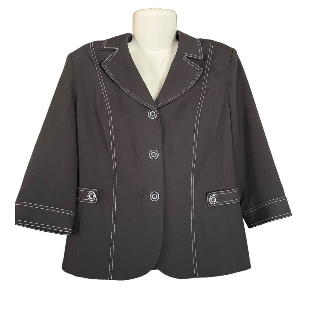 TanJay Women's Black w/ White Stitching 3-Button Front 3/4 Sleeve Blazer SZ 12